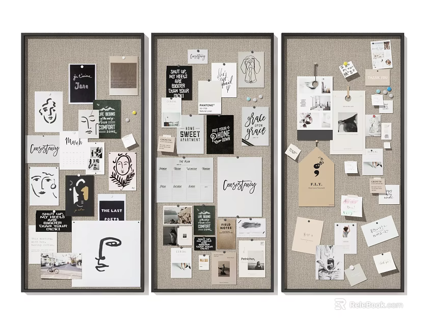 Three Bulletin Boards Covered With Notes Photos Handwritten Texts And Design Sketches 3d model 