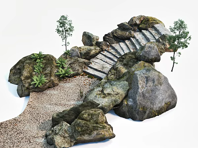 Rustic Stone and Wooden Stairs Outdoor Path With Trees Gravel And Greenery 3d model