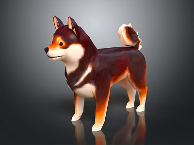 Shiba Inu 3D Model with Brown and White Fur Standing on Dark Background with Reflection 3d model