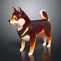 Shiba Inu 3D Model with Brown and White Fur Standing on Dark Background with Reflection