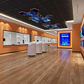 Modern Tech Exhibition Hall Interior With Orange Walls Blue Ceiling Decor And Interactive Pods 3d model