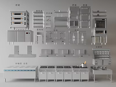 Various Commercial Kitchen Equipment With Ovens Shelves Stoves Cabinets And Worktables 3d model