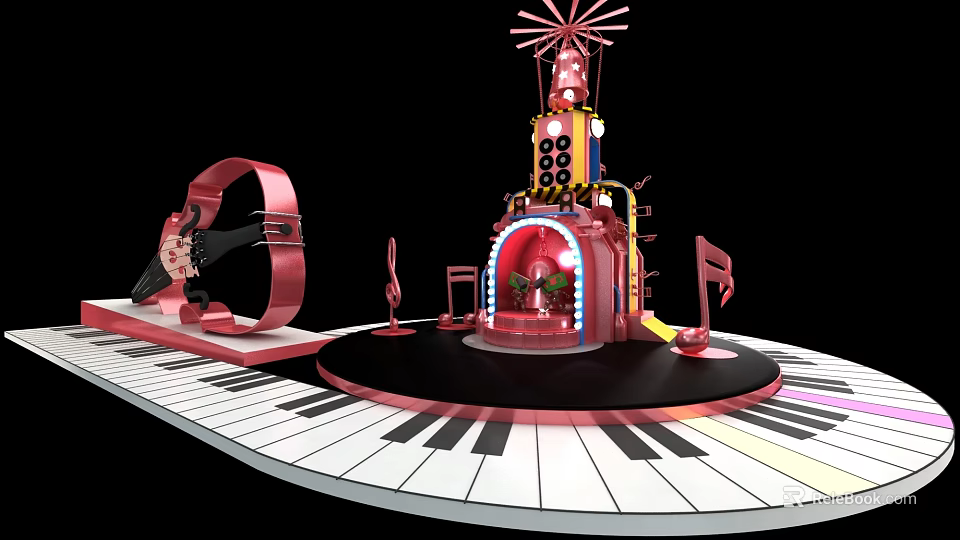 Music Themed Decorative Structure With Piano Keyboard Guitar And Music Notes 3d model