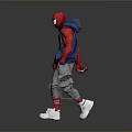 SpiderMan Character Walking Pose In Blue Hoodie Red Sleeves Gray Pants White Shoes