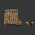 Rustic Thatched Shelter With Woven Clay Pots And White Floor Mat