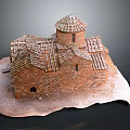 Traditional Red Brick Building Model With Tiled Roofs Dome Small Windows And Arched Entrance