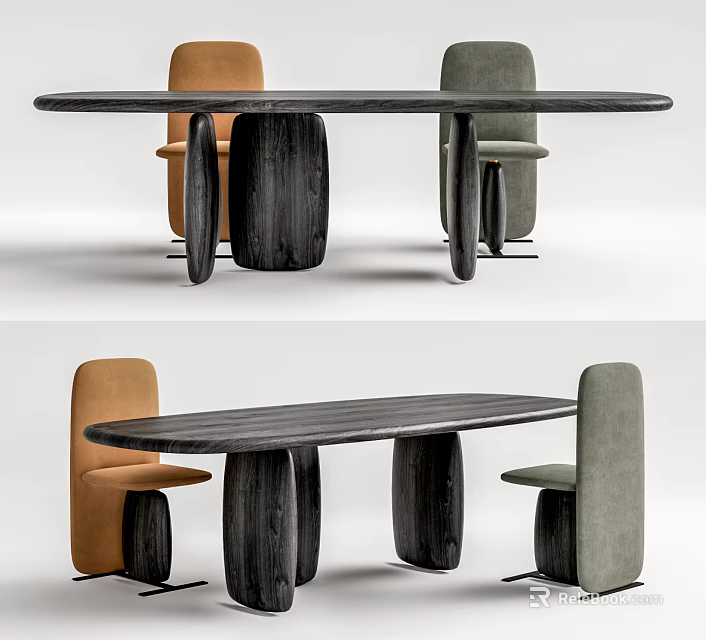 Elegant Dark Wood Dining Table Set With Oval Top And Orange Gray Fabric Upholstered Chairs 3d model 