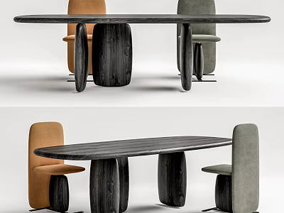 Elegant Dark Wood Dining Table Set With Oval Top And Orange Gray Fabric Upholstered Chairs 3d model