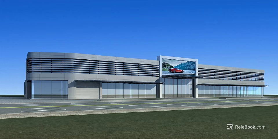 Modern Commercial Building With Large Digital Screen Displaying Red Car 3d model