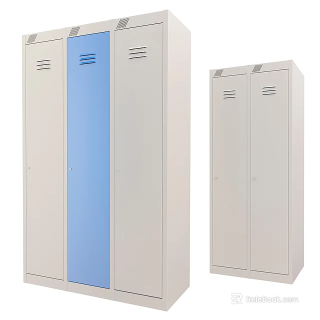 White Storage Lockers With Blue Panel And Ventilation Vents In Different Sizes 3d model