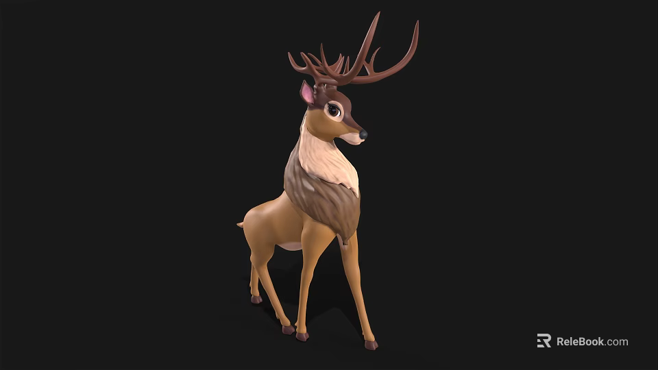 Cartoon Style Deer Character With Large Antlers And Brown White Fur Standing 3d model 