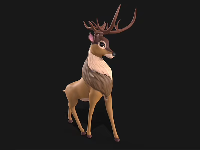 Cartoon Style Deer Character With Large Antlers And Brown White Fur Standing 3d model