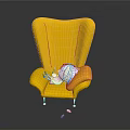 Yellow Chair Modern Design With White Doll Resting On Seat And Red Dice Beside It