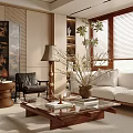 Modern Living Room with Wooden Elements Sofa Coffee Table Floor-to-Ceiling Windows Bookshelves and Fireplace