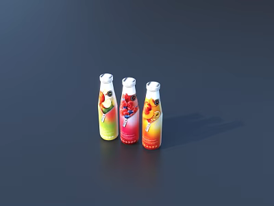 Refreshing Three Bottled Fruit Beverages With Vibrant Colors And Attractive Fruit Designs On Dark Background 3d model