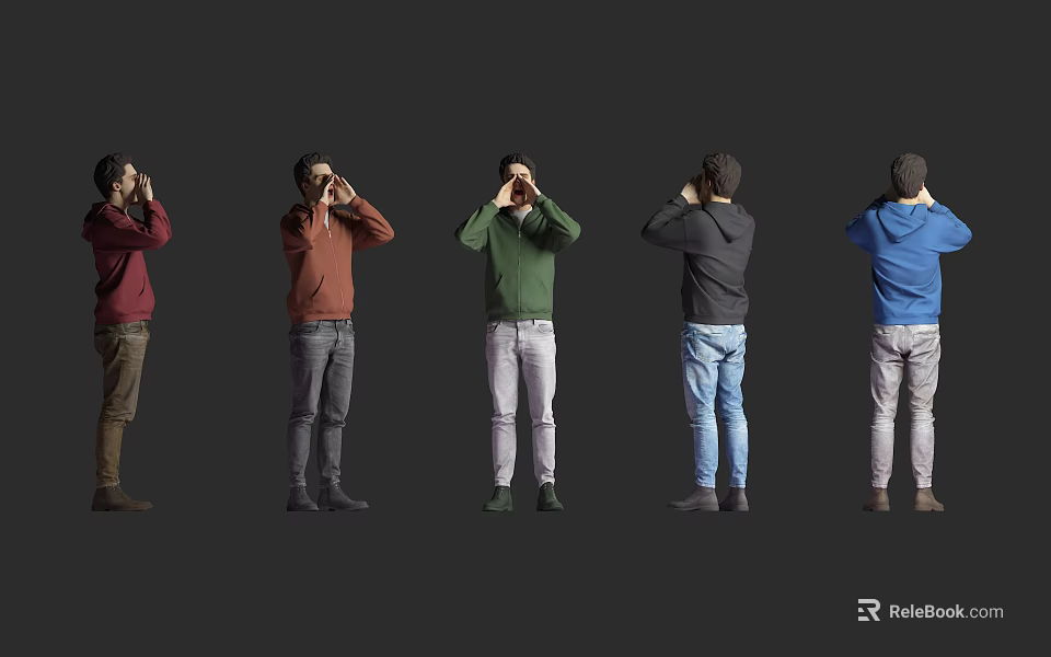 Men Looking Through Hands From Different Angles In Various Outfits Towards Distance 3d model 