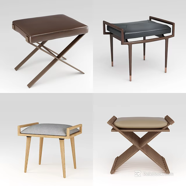 Modern Stylish Stools With Crossed Straight Legs Wooden Metal Frames And Leather Seats 3d model 
