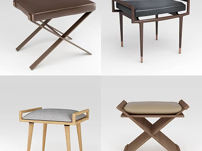 Modern Stylish Stools With Crossed Straight Legs Wooden Metal Frames And Leather Seats 3d model