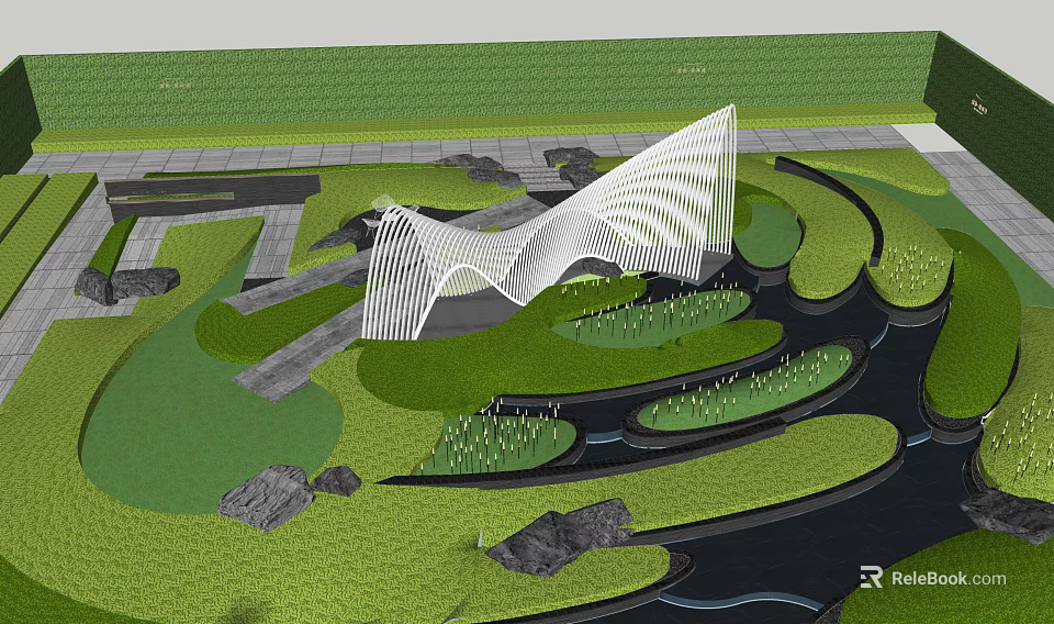 Modern Curved Pergola in Landscaped Garden with Green Lawn Pond and Stone Pathways 3d model 