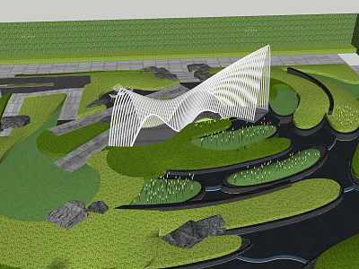 Modern Curved Pergola in Landscaped Garden with Green Lawn Pond and Stone Pathways 3d model