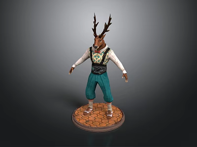 Mythical Deer Character With Antlers In White Shirt And Teal Pants On Hexagon Pattern Base 3d model