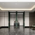 Modern Store Front Desk With Green Pillars Marble Floor And Minimalist Walls