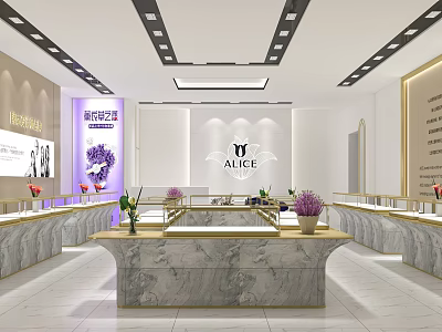 Luxury Jewelry Store Interior With Marble Display Counters And Decorative Flowers 3d model