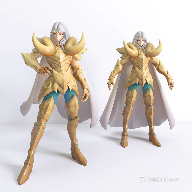 Game And Movie Character With Golden Armor White Long Hair And Cloak 3d model 