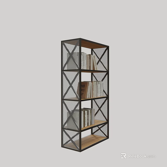 Industrial Bookshelf With Metal Frame And Wooden Shelves For Book Storage 3d model 