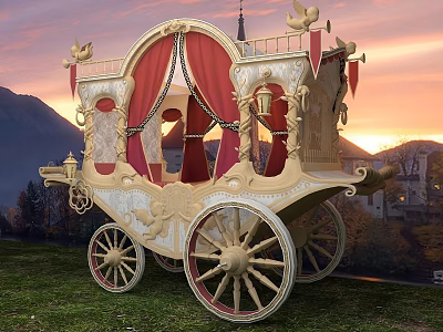 Ornate Carriage with Golden Decorations Red Curtains Sunset Mountains Castle Backdrop as Scenic Photo Spot 3d model