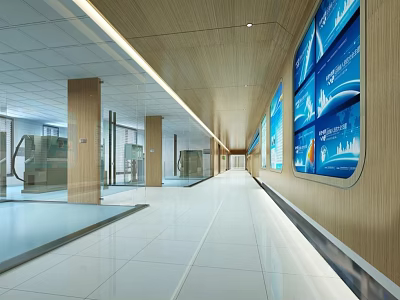 Modern Office Corridor Design With Wooden Walls Large Screens Bright Lighting And White Flooring 3d model