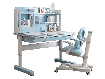 Kids Blue Adjustable Desk With Bookshelf Storage Drawers And Ergonomic Chair 3d model