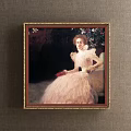 Framed Portrait Painting of Woman in Blue Lace Dress with Golden Frame