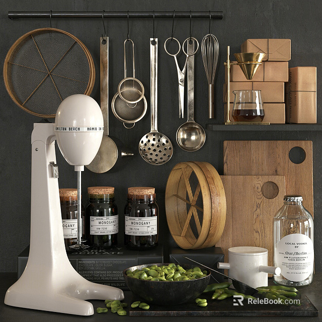 Essential Kitchen Utensils with White Mixer Metal Tools Wooden Boards and Bamboo Steamer 3d model 