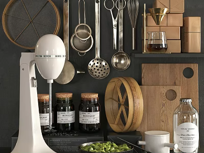 Essential Kitchen Utensils with White Mixer Metal Tools Wooden Boards and Bamboo Steamer 3d model