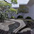 Karesansui Dry Landscape Garden with Curved Gray Pathways Pruned Shrubs and Stone Lanterns