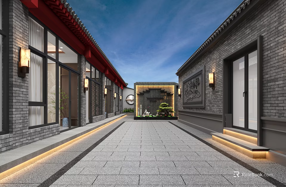 Chinese Style Feature Wall in Courtyard With Stone Paved Path Lanterns And Greenery 3d model 