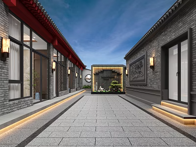 Chinese Style Feature Wall in Courtyard With Stone Paved Path Lanterns And Greenery 3d model