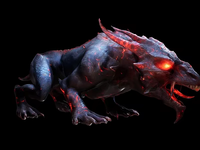 Game Movie Character With Black Body Red Glowing Eyes Lava Like Veins Sharp Teeth Claws 3d model