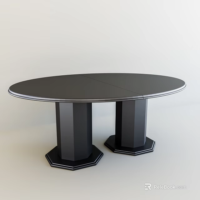 Modern Round Dining Table With Black Tabletop And Two Hexagonal Legs Silver Trim 3d model