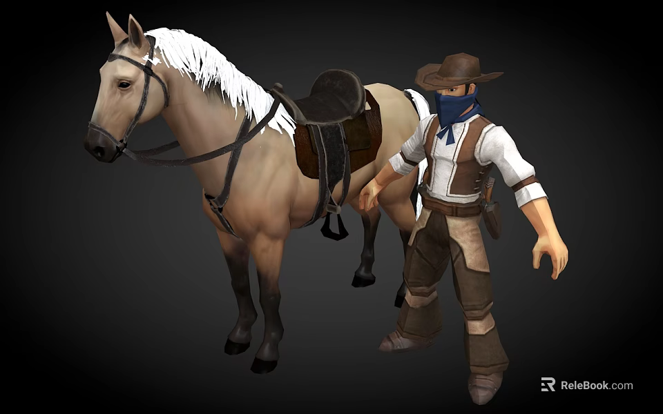 Cowboy Character Standing With Light Brown Horse White Mane And Saddle 3d model 