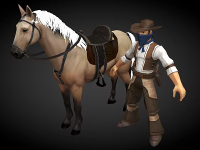 Cowboy Character Standing With Light Brown Horse White Mane And Saddle 3d model