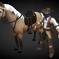Cowboy Character Standing With Light Brown Horse White Mane And Saddle