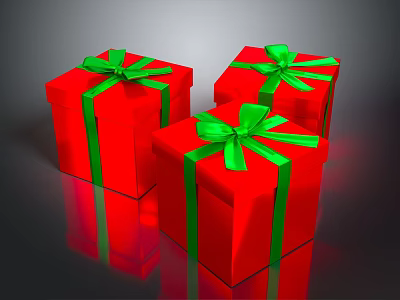 Three Red Gift Boxes With Green Bows On Shiny Reflective Surface 3d model