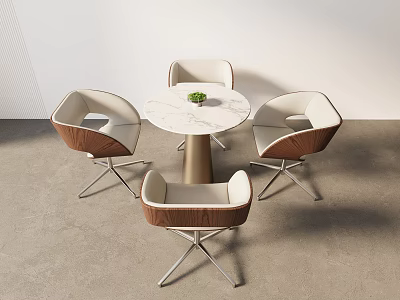 Modern Leisure Chairs with Wooden Armrests and Light Cushions Around Round Marble Table 3d model