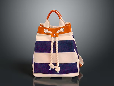 Stylish Bucket Bag With White Navy Orange Stripes Leather Handle And Drawstring Closure 3d model