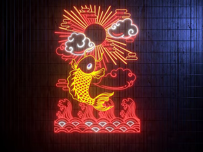 Chinese Neon Decorative Light Featuring Yellow Carp Sun Clouds Red Waves On Dark Wooden Background 3d model