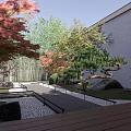 Traditional Garden Landscape Design With Colorful Trees Pathway And Seating Area