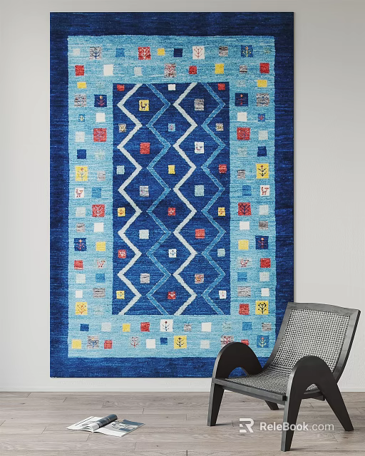 Blue Square Rug With Geometric Pattern And Colorful Accent Squares For Home Decor 3d model 