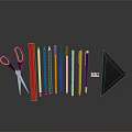 Assorted Stationery Items Including Scissors Colored Pencils Ruler And Pens On Dark Reflective Surface
